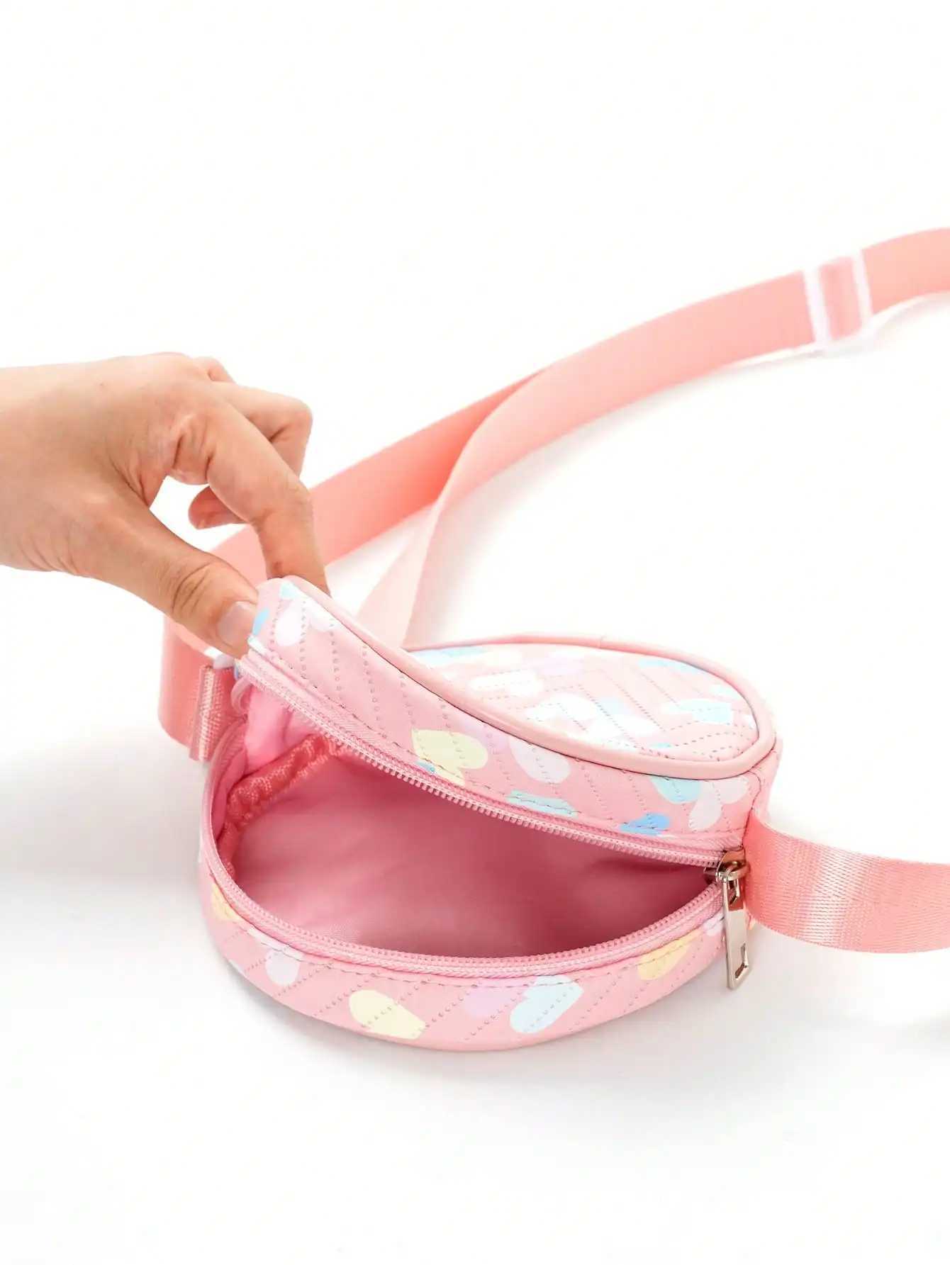 Girls Heart Pattern Adjustable-strap PU Zipper Circle Bag Crossbody Bag LX241104