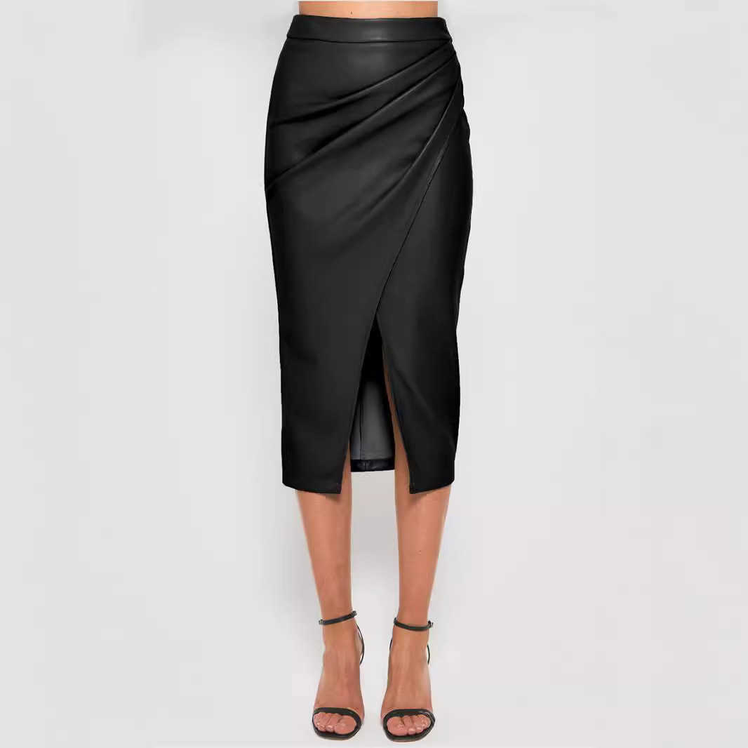 Women Long Hip-hugging Skirt WoMens Pu Split Half Skirt Autumn And Winter High Waisted Zipper Sexy Pleated Leather Skirt 241023