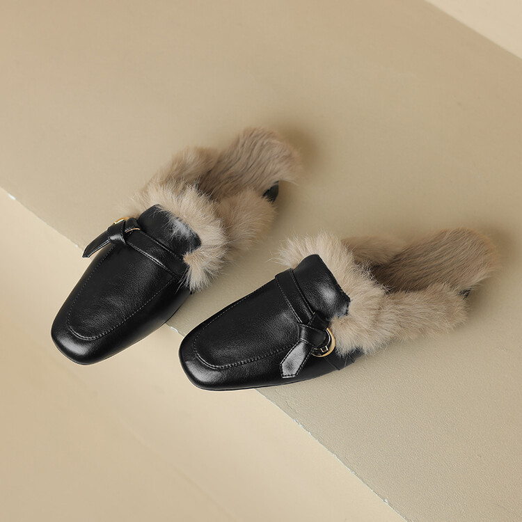 Women's Fashion Slippers:Winter New Trendy Fleece Warm Square Toe Flat Bottom Comfort,Black/Brown,Free shipping