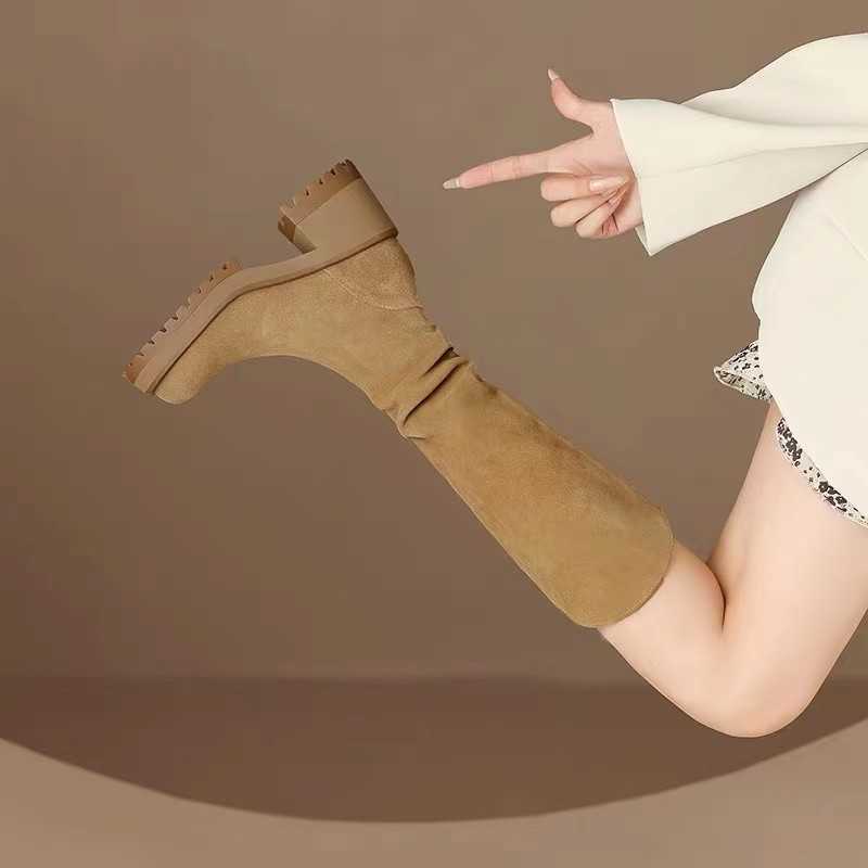 CMM Autumn Winter Korean Round Head Thick Heel Long Boots High Heel Leg Wrap Velvet Warm Tall Boots Knight Boots for Women