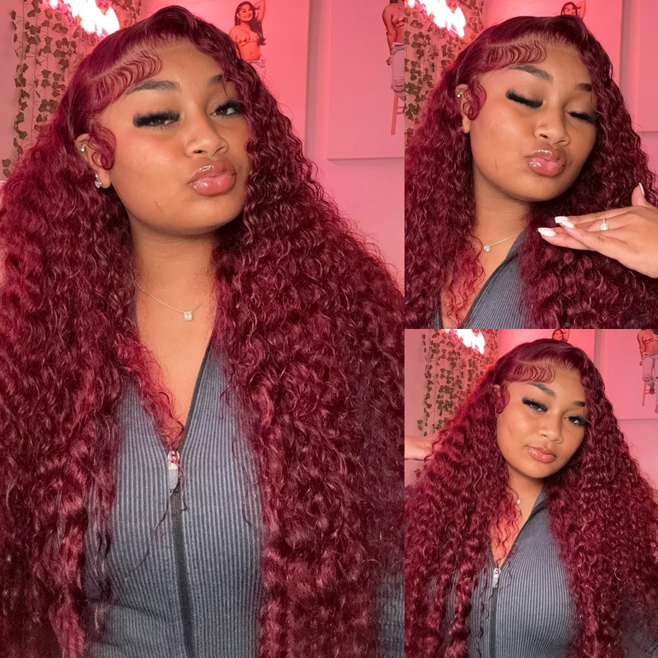 Free shipping 250 Density Peruvian Soft 30 40 Inch 99J Bury Deep Wave 13x4 Front Human Hair Wig 360 Lace Frontal Red Curly Wigs Synthetic for Women