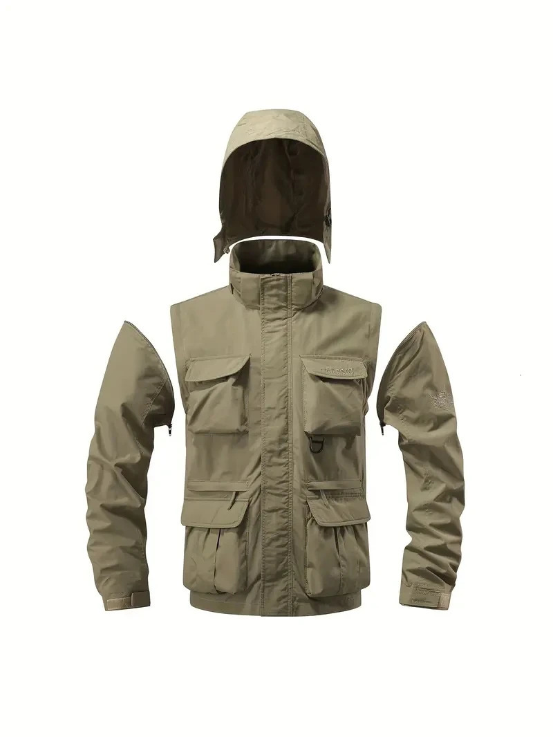 Detachable windproof sleeved hooded jacket suitable for outdoor activities mens casual waterproof multi pocket vest 241104