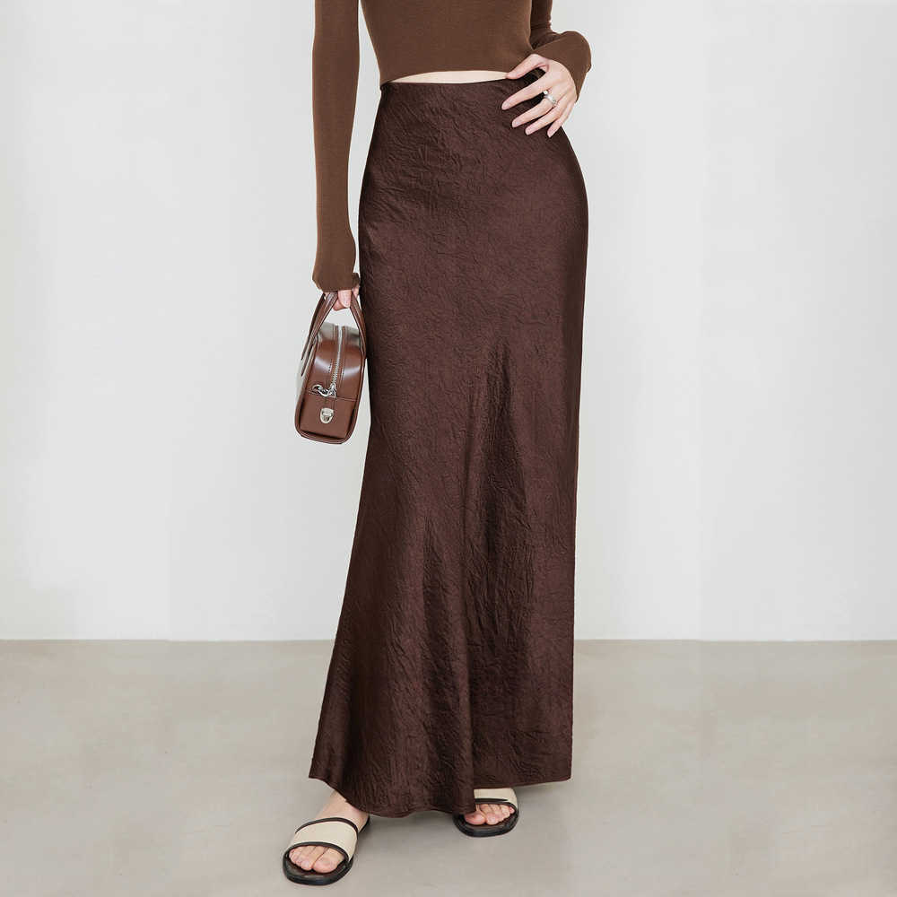 WoMens Hip-hugging Skirt Satin Half Skirt High Waist Elastic Hand Grip Pattern Long Dress Elegant Solid Color Long Dress Women Adult Length Skirt 2410
