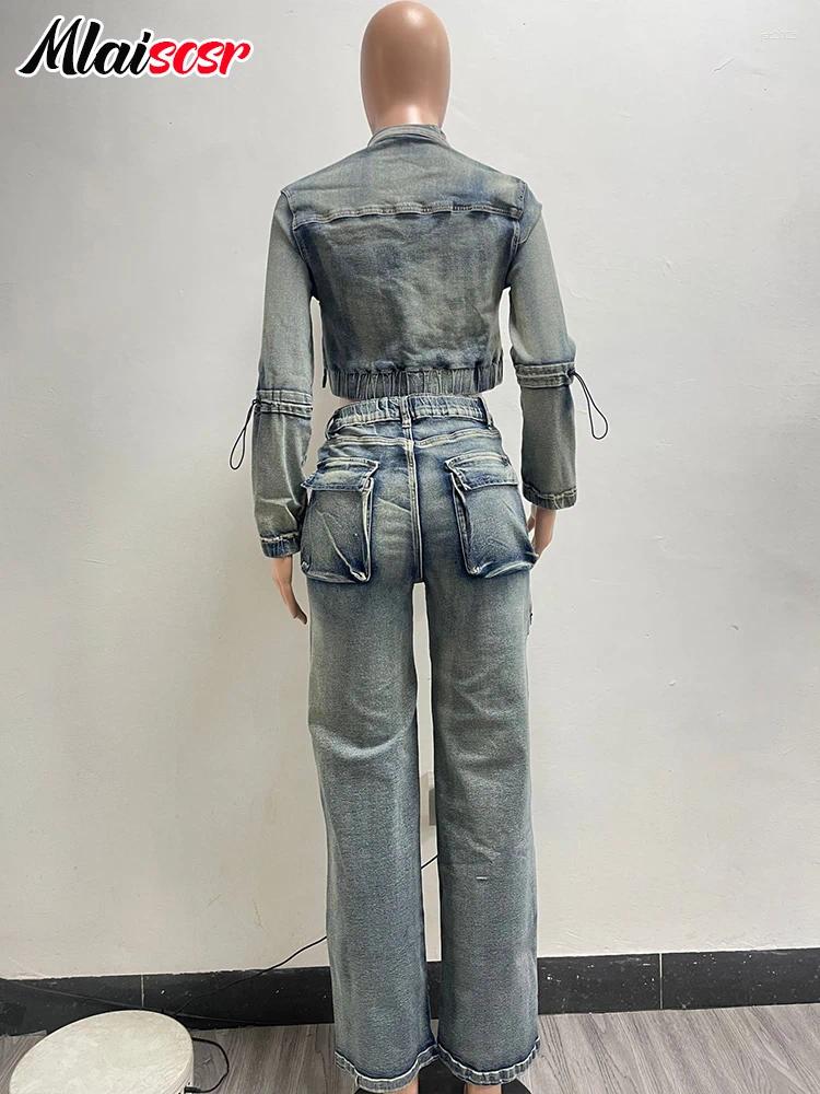 Women's Two Piece Pants Mlaiscsr Vintage Stretch Denim 2 Sets Women Zip Slim Jackets And Pocket Cargo Jeans Outfit Streetwear Winter Suits