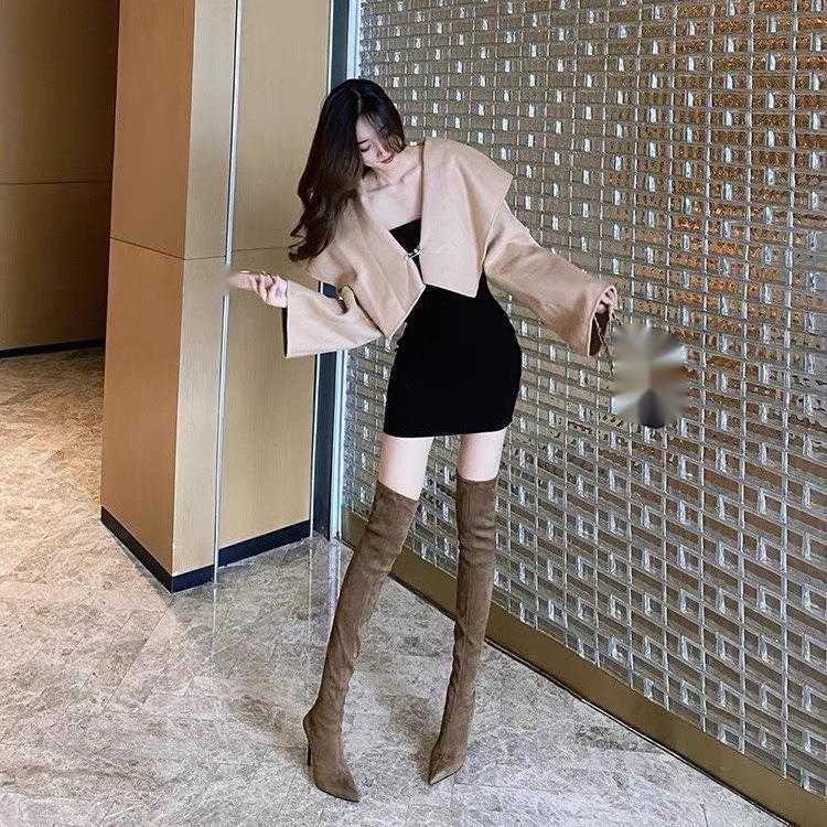 CMM Sharp Pointed High Heeled Long Boots for Women Autumn and Winter New Item Black Suede Elastic Slim Boots Knee High Elastic Boots Slim Heels