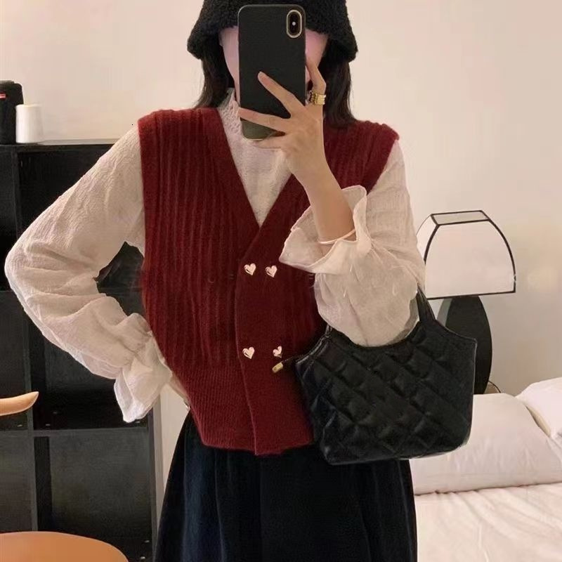 Sweater Double Breasted Vertical Stripes Autumn And Winter New Sleeveless Knitted V Neck Cardigan Women Vest F1104#29