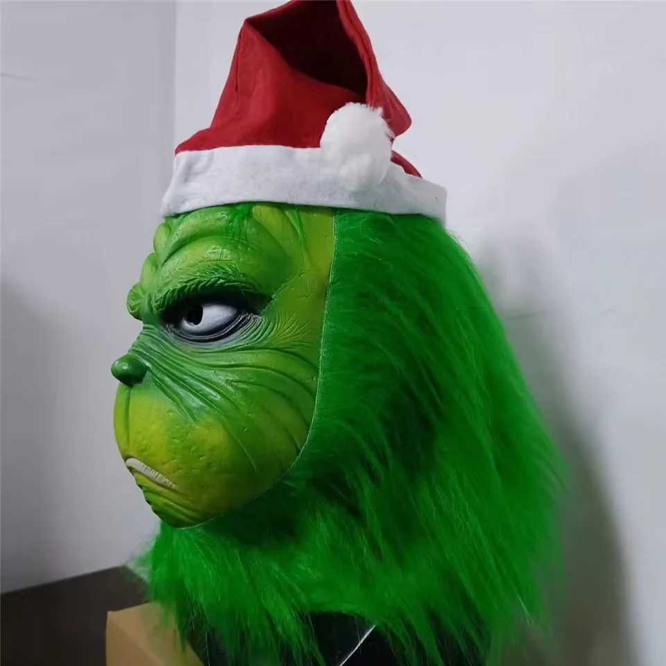 Quty Green Grinch Mask Christmas Halloween Cosplay Green Fur Monster Masque Props Anime Latex Head Gear Gloves Grinch Masque Y241101