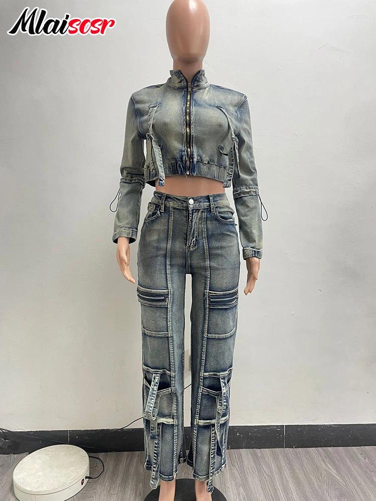 Women's Two Piece Pants Mlaiscsr Vintage Stretch Denim 2 Sets Women Zip Slim Jackets And Pocket Cargo Jeans Outfit Streetwear Winter Suits