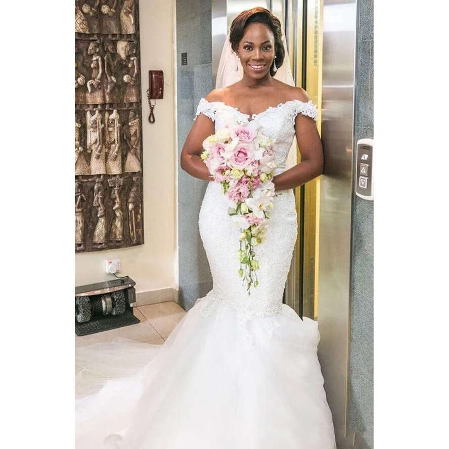 Off The Shoulder Beach Mermaid Dresses Lace And Tulle Cap Sleeves Wedding Dress Count Train African Bridal Gowns 2023