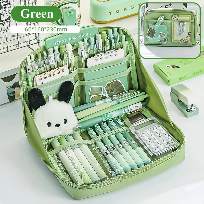 Multilayer 90° Open Pencil Case Large Capacity Green Student Cloth Pen Bags School Stationery Organizer Supply Pouch 241029
