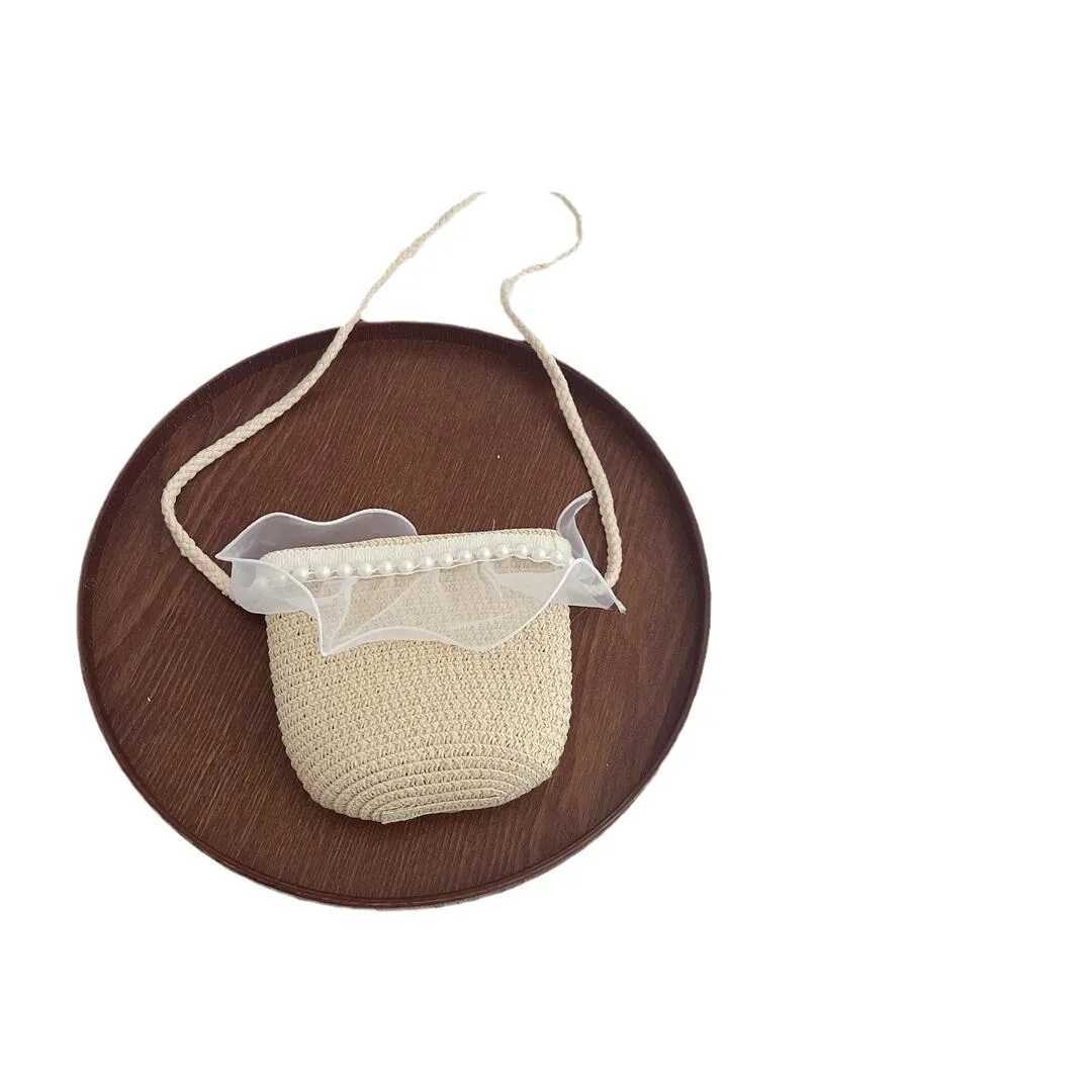 Childrens Shoulder Bag Ins Sweet Bow Pearl Flower Straw Bag Summer Baby Concave Shape Crossbody Bag LX241104