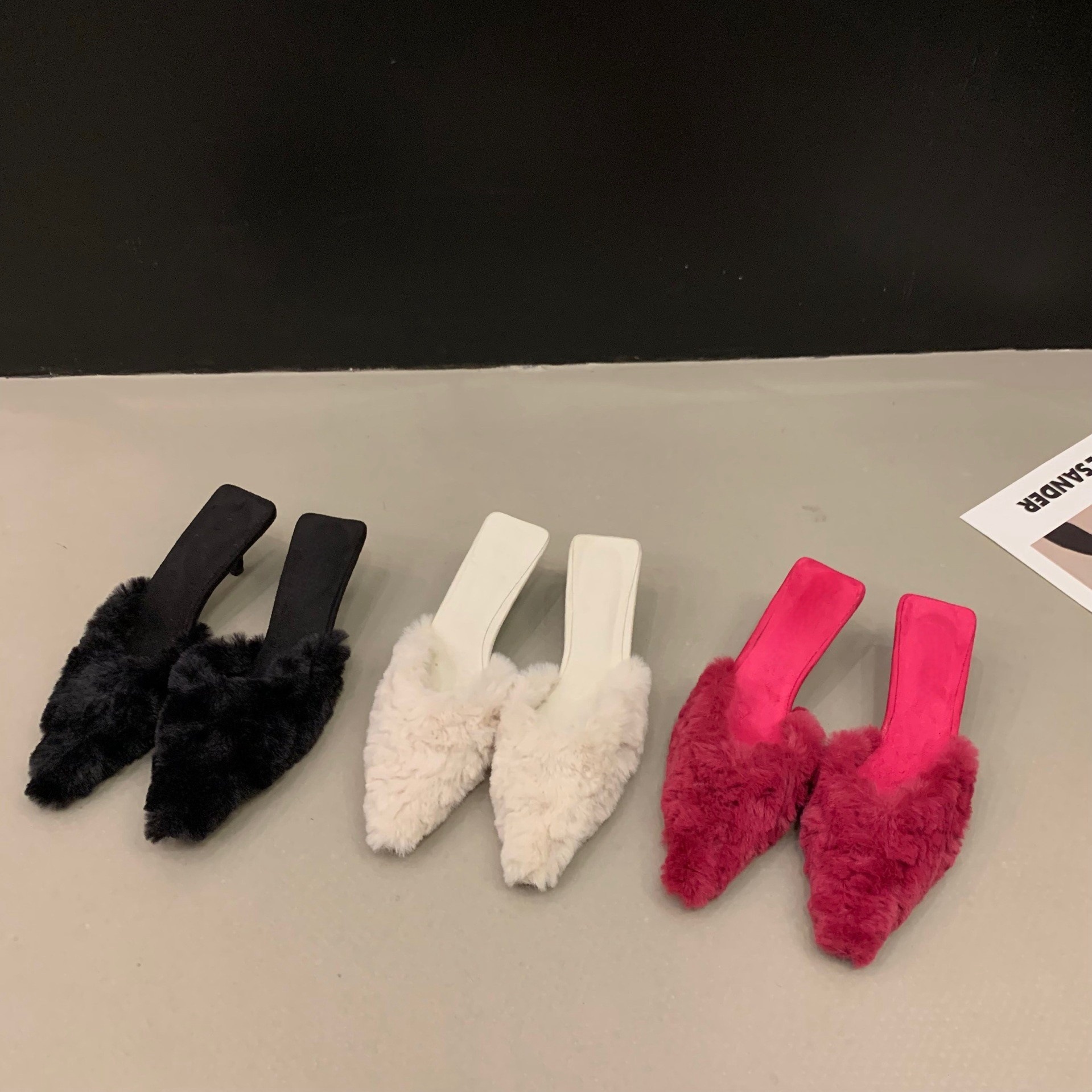 Women's Fashion Slippers:French High Heel Fairy Style Shoes Wearing Outdoor Winter Fleece Warm,Black/White/Fuchsia/Leopard Print,Free shipping