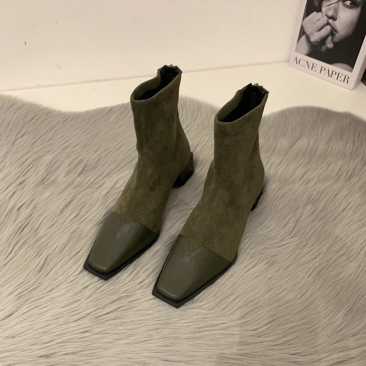 Women's Fashion Boots:High Heel Chunky Heei Simple Design Square Toe Short Boots,Black/Green/Khaki,Free shipping