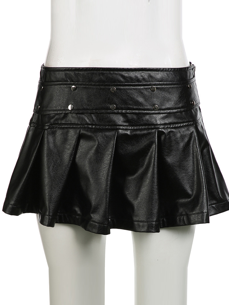 BKQU Leather Pleated For Women Goth Belt Design Side Zipper Mini Rivet Skirts 2024 Streetwear Low Waist Sexy Micro Skirt
