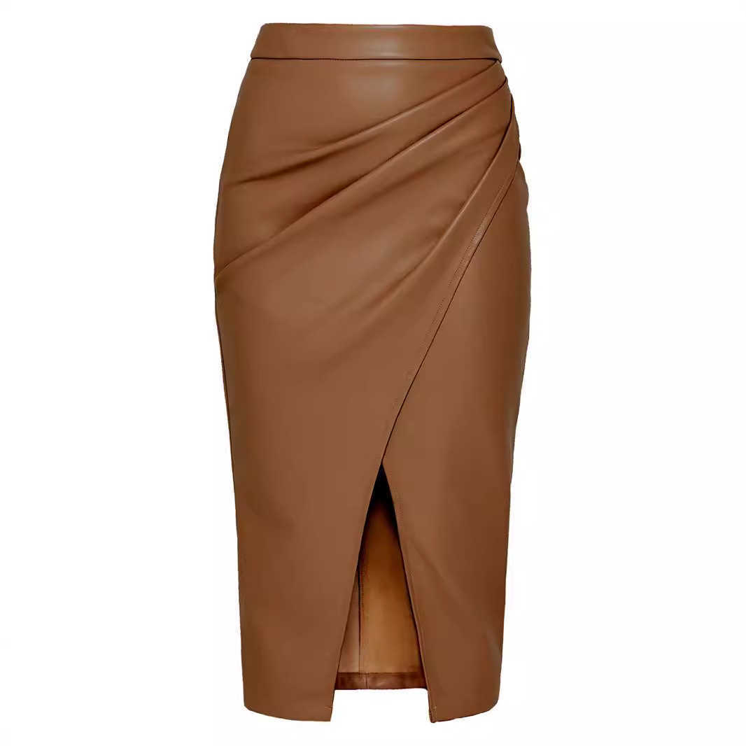 Women Long Hip-hugging Skirt WoMens Pu Split Half Skirt Autumn And Winter High Waisted Zipper Sexy Pleated Leather Skirt 241023