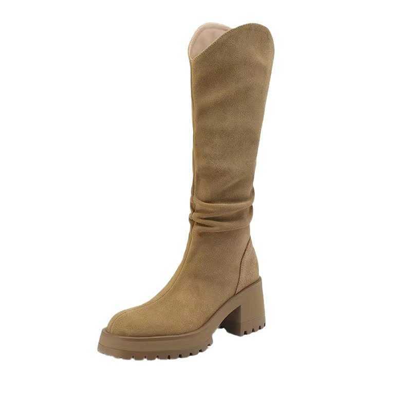 CMM Autumn Winter Korean Round Head Thick Heel Long Boots High Heel Leg Wrap Velvet Warm Tall Boots Knight Boots for Women