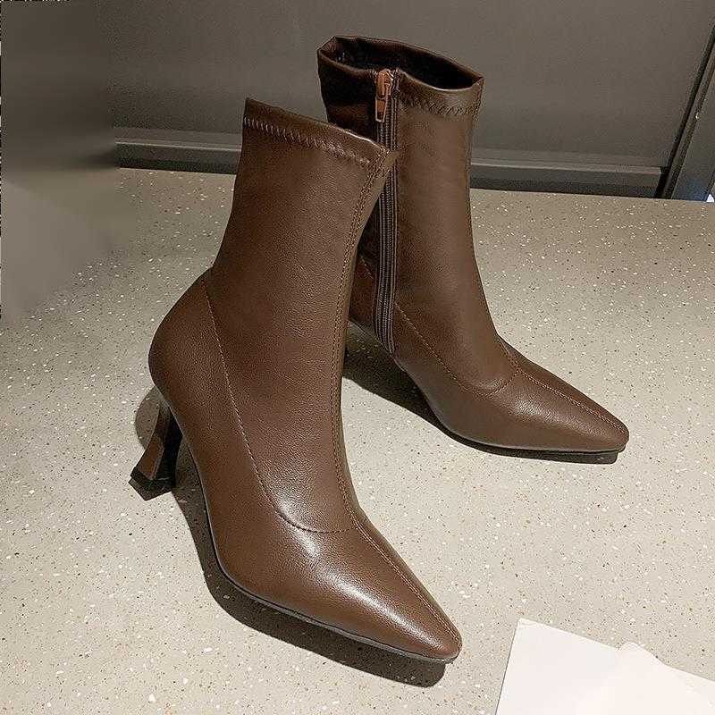 CMM Short Boots for Women Autumn New Elastic Slim Boots Pointed Thin Heels High Heels Mid Calf Boots Minimalist Single Boots