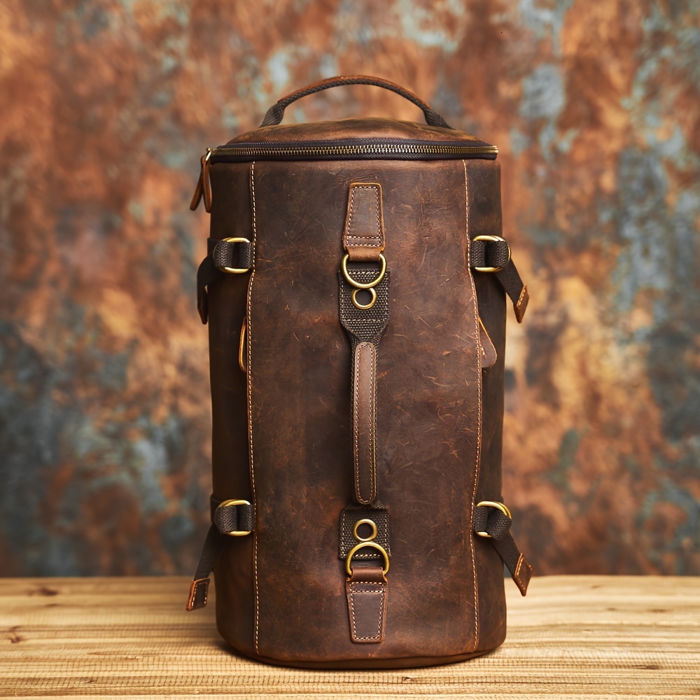 Men's leather bucket backpack, crazy horse leather luggage bag crossbody bag, very suitable for outdoor and leisure travel
