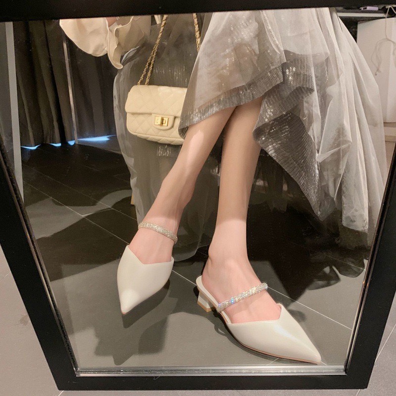 2024 New Baotou High Heels Pointed Toe Ladies Thick Heel Muller Shoes Fashion Rhie Slip-on Fairy Style Sexy Women Pumps