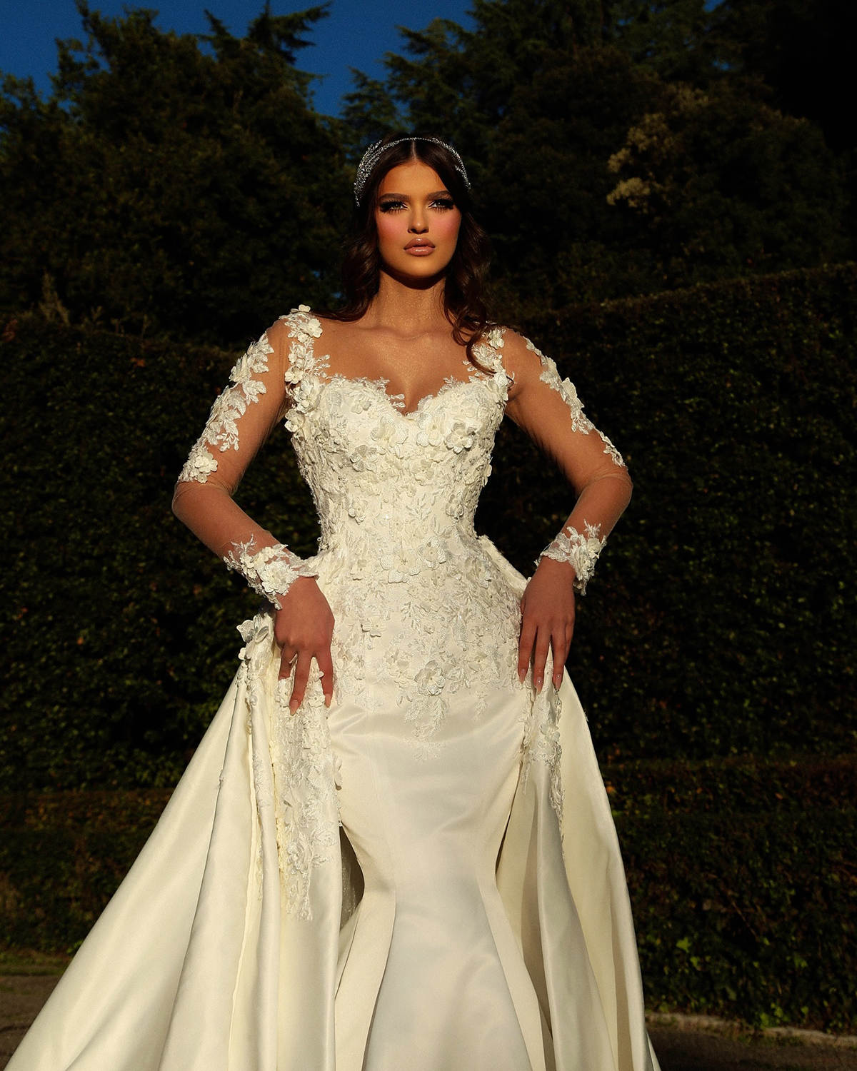 Classic Mermaid Wedding Dress Sheer Neck Long Sleeves Bridal Gowns Appliques Detachable Train Dresses Custom Made vestidos de novia