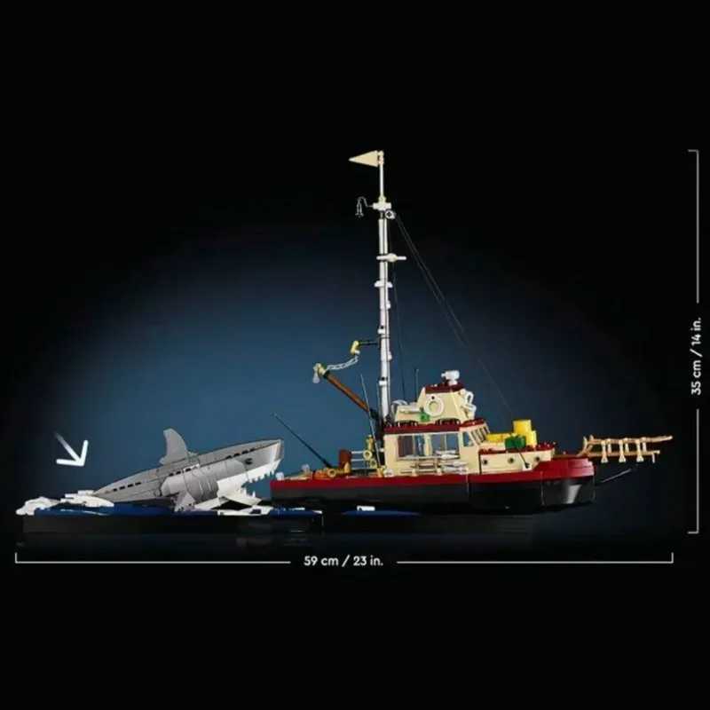 Model Building Kits IN stock 21350 J Diorama White Shark Model Building Blocks Set Pirate Ship Sea Fisher Fishing Boat Vessel Toys for Kid GiftJ241104