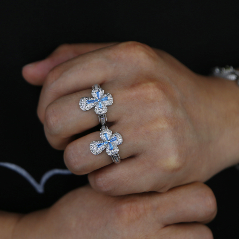 Men's Women's Iced Out Cross Ring: Full Paved Blue White Cubic Zirconia Hip Hop Jewelry Gift