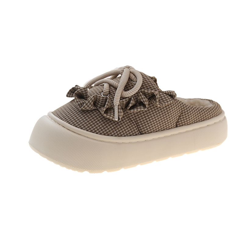 Female Lace Up Lotus Leaf Edge Toe Cotton Slippers.
