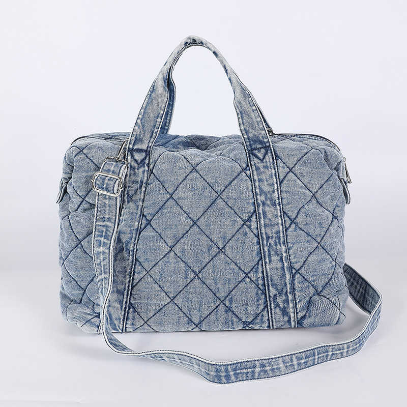 CMM washed denim large capacity embroidered tote bag shoulder bag student return to school travel bag 241115