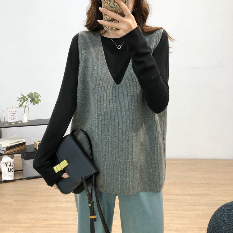 Japanese Korean Minimalist Style Solid Color V Neck Casual Knitted In Autumn And Winter New Pullover Camisole Layered Vest For Women F1104#29