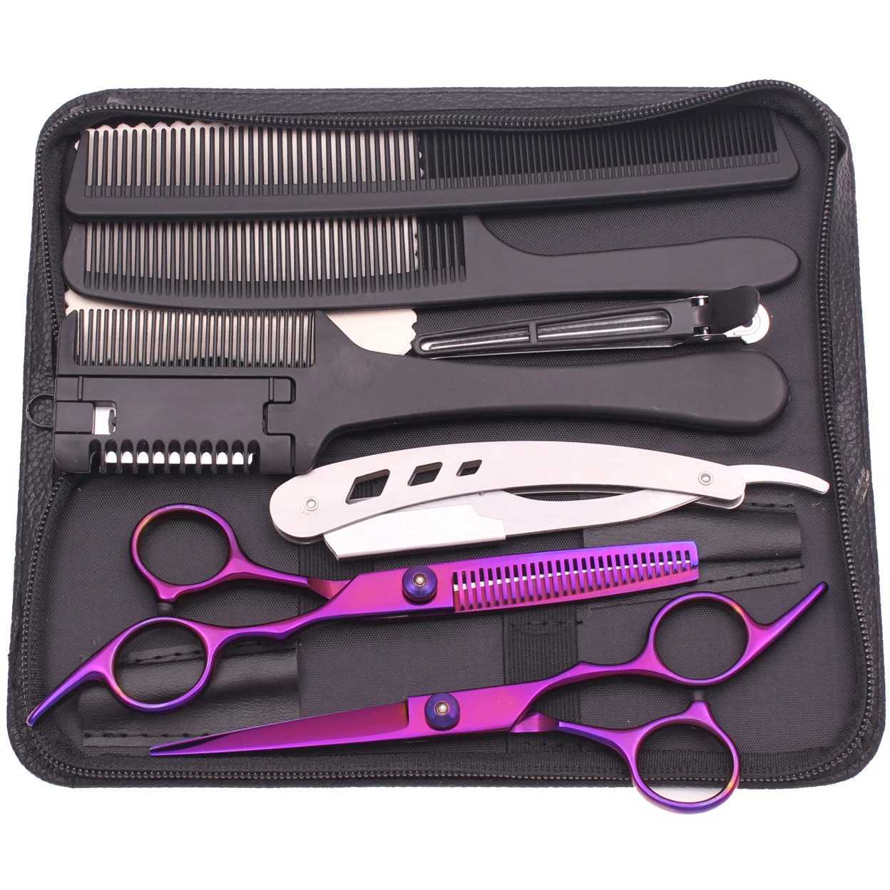 6.0 Hair Scissors Professional Cutting Shears Thinning Hairdressing Haircut Comb Razors Sets Salon Barber Home DropshippingXJ2411
