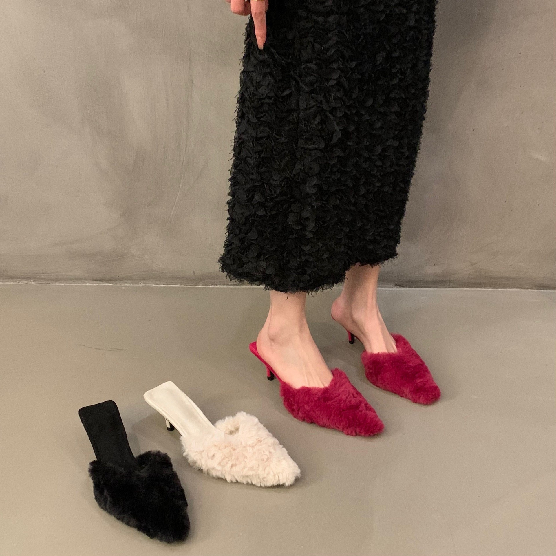 Women's Fashion Slippers:French High Heel Fairy Style Shoes Wearing Outdoor Winter Fleece Warm,Black/White/Fuchsia/Leopard Print,Free shipping