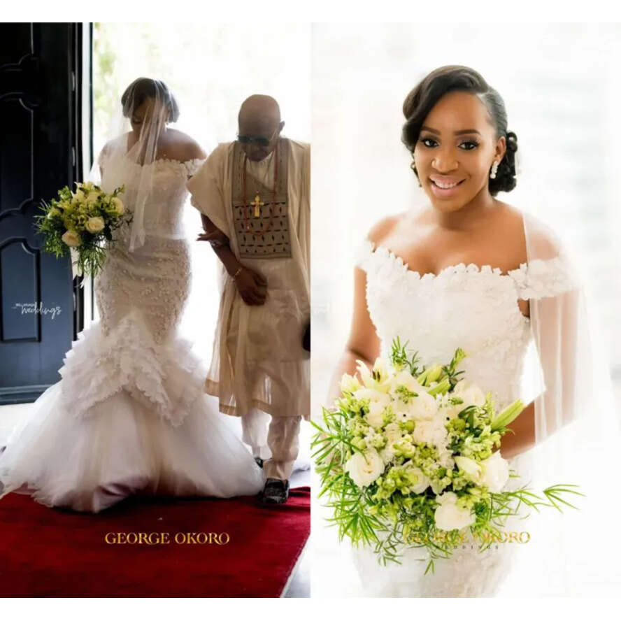 Vintage Off Shoulder Lace Appliqued Mermaid Wedding Dress African 3D Wers Plus Bridal Gow With Sweep Train