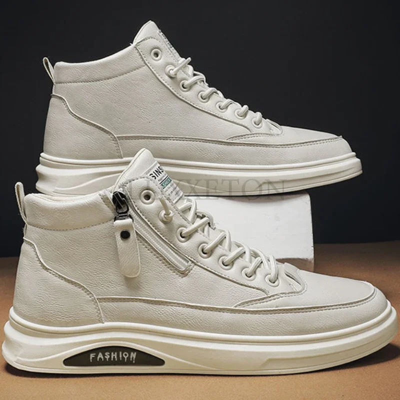 Men leather casual shoes 2024 fashionable and comfortable soft men high top side zipper mid sports 241104