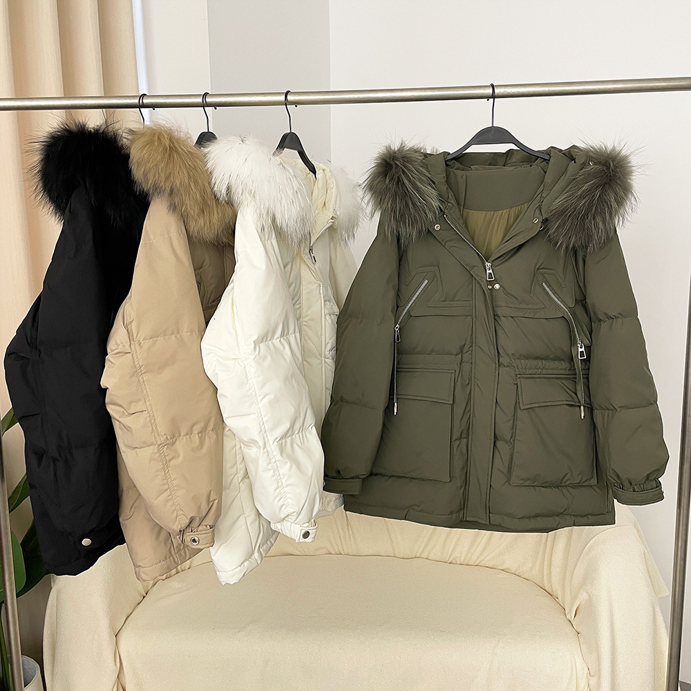 Autumn Winter 90% White Duck Workwear Down Jacket Women Mid-Length Hooded Coat Raccoon Fur Collar Thickened Warm
