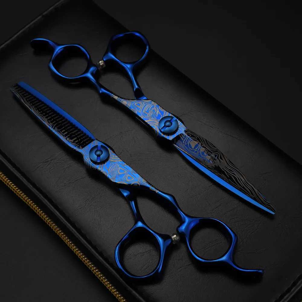 Professional 6 Upscale scissor Blue Damascus hair scissors cutting barber tools haircut thinning shears hairdresser scissorsXJ241104