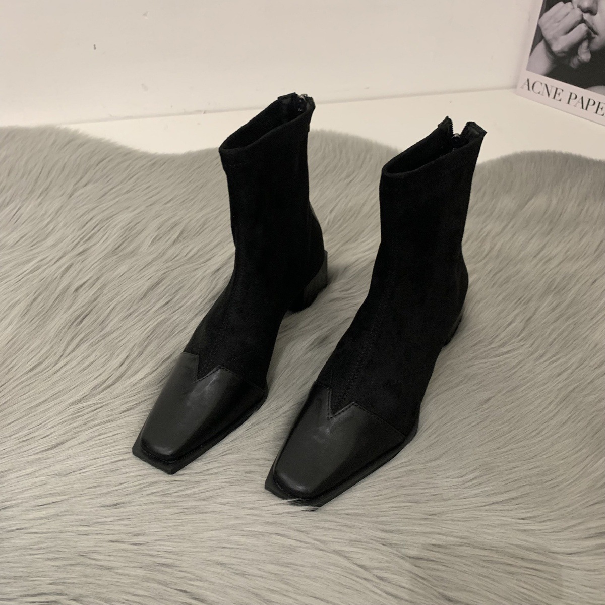 Women's Fashion Boots:High Heel Chunky Heei Simple Design Square Toe Short Boots,Black/Green/Khaki,Free shipping