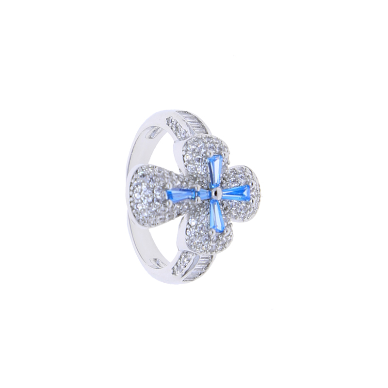 Men's Women's Iced Out Cross Ring: Full Paved Blue White Cubic Zirconia Hip Hop Jewelry Gift