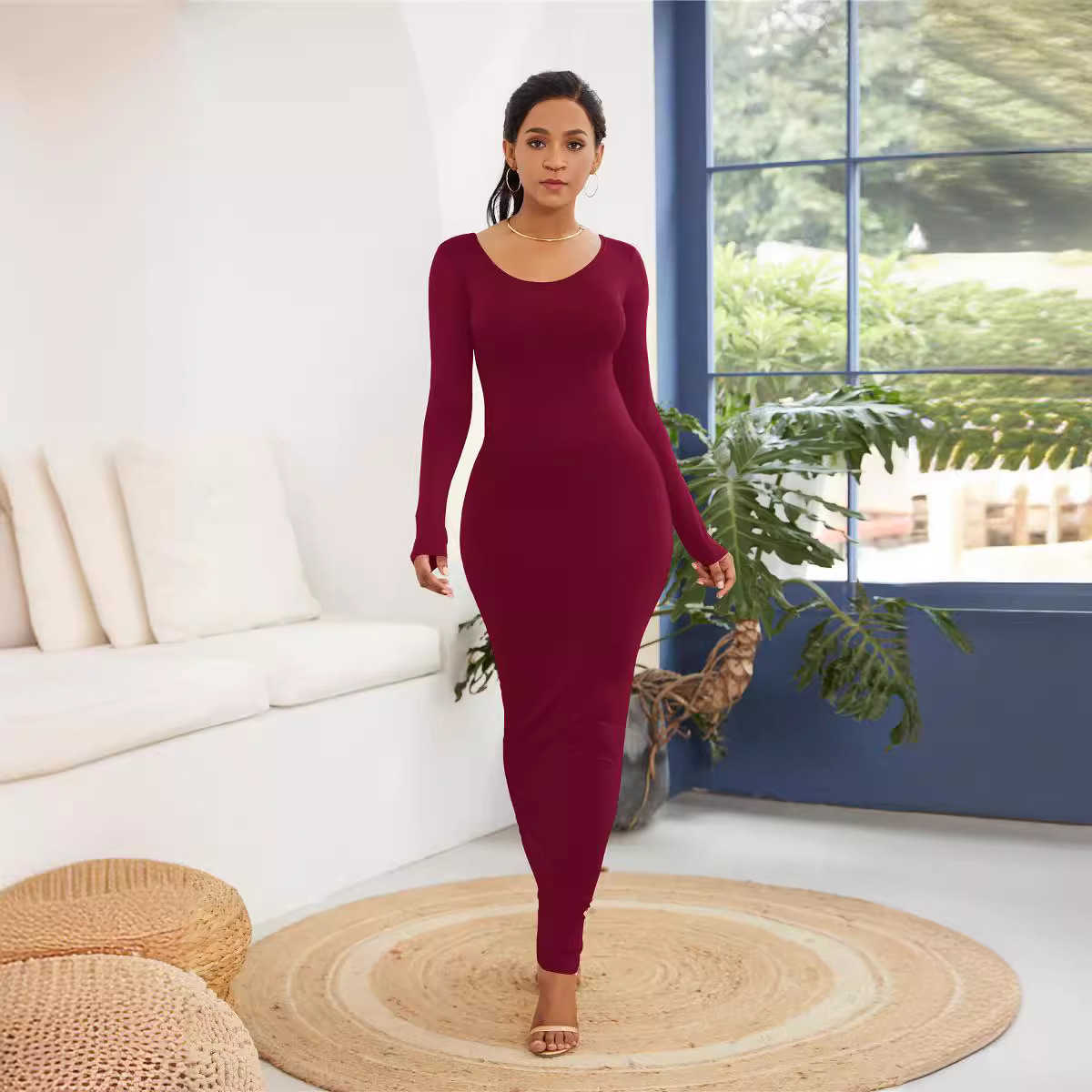 Women Casual Solid Women's sexy nightclub tight stretch one-step long skirt fashion long-sleeved personality dress Q241104
