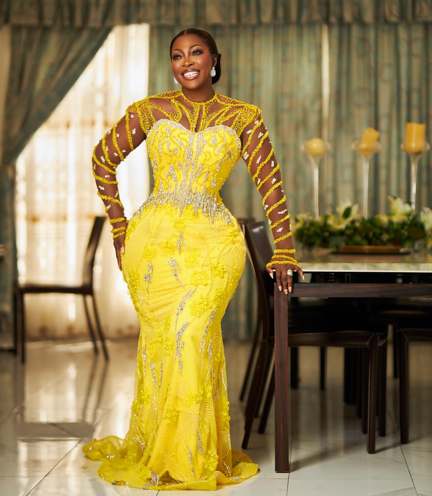 2024 Plus Size Yellow Mermaid Prom Dresses For Special Occasions Full Sleeves Sequined Lace Beaded Evening Party Birthday Gowns Dress For Women Vestid