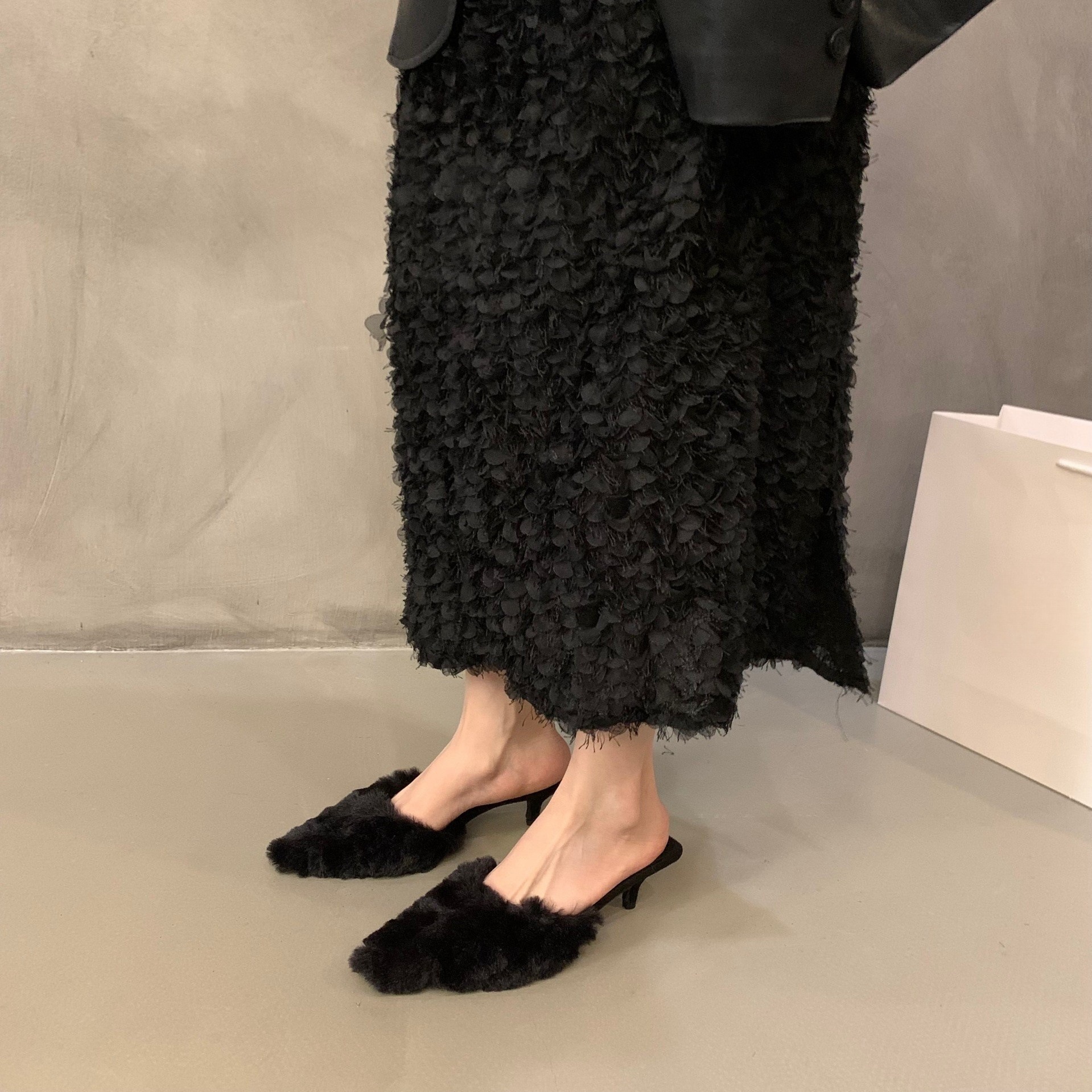 Women's Fashion Slippers:French High Heel Fairy Style Shoes Wearing Outdoor Winter Fleece Warm,Black/White/Fuchsia/Leopard Print,Free shipping