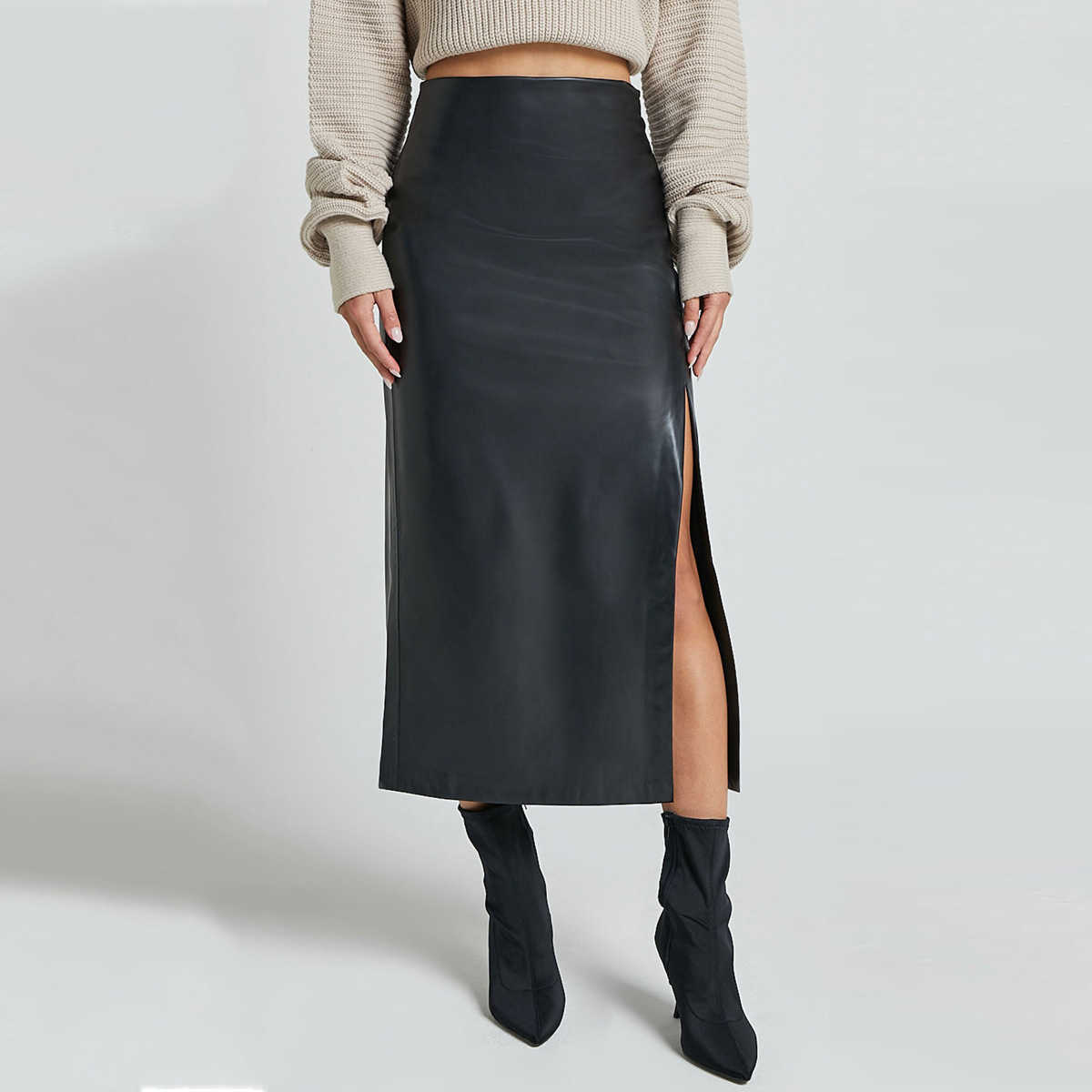 Autumn And Winter Pu Leather Skirt High Waisted Zipper Black Skirts Half Split Skirt Slim Fit Hip Hugging Long Skirt For Women Skirt 241023