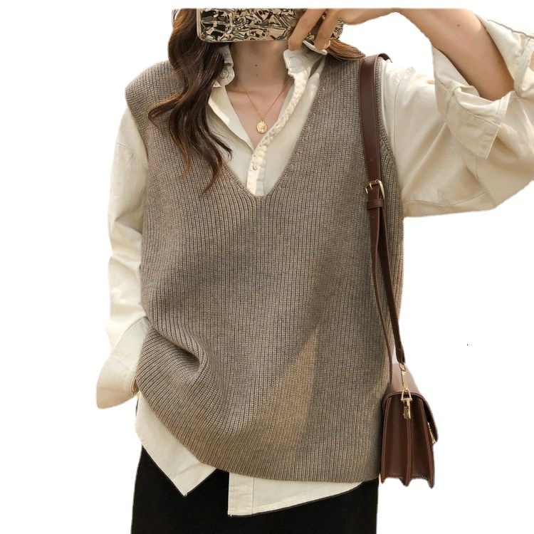 Japanese Korean Minimalist Style Solid Color V Neck Casual Knitted In Autumn And Winter New Pullover Camisole Layered Vest For Women F1104#29