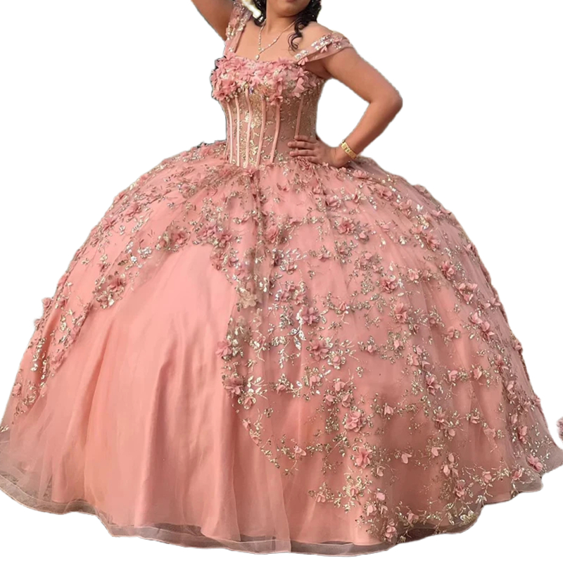 3D Floral Appliques Ball Gown Quinceanera Dresses Straps Corset Floor Length Princess Sweet 15 Dress Glitter Sequins Satin Long Special Occasion Gown 