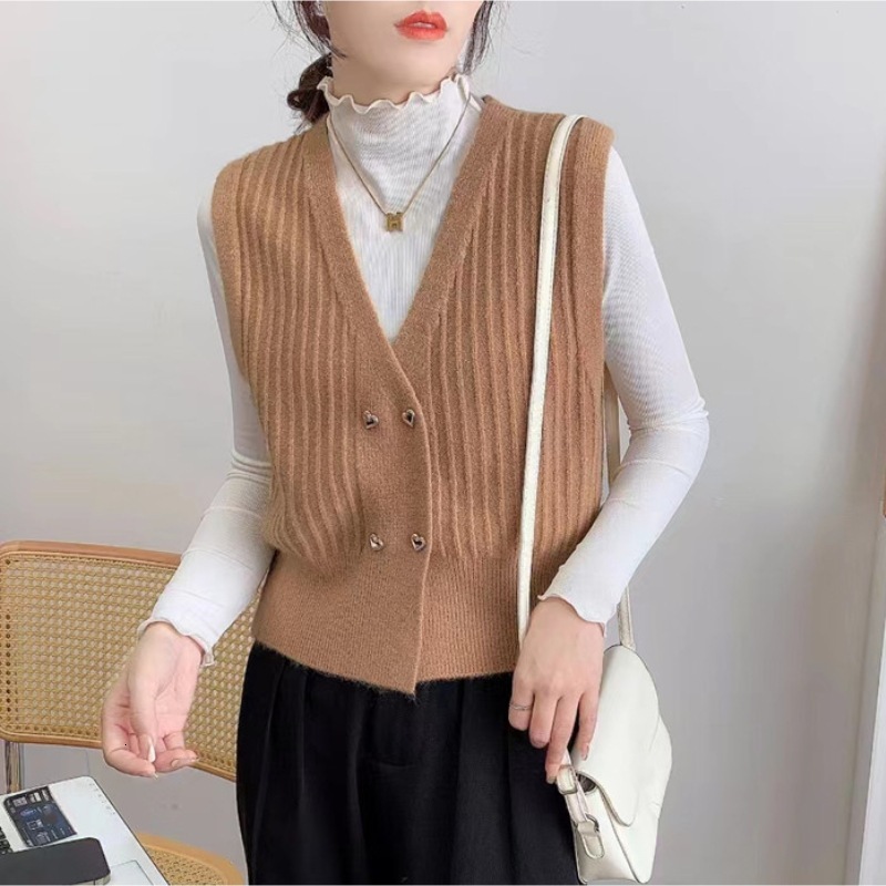Sweater Double Breasted Vertical Stripes Autumn And Winter New Sleeveless Knitted V Neck Cardigan Women Vest F1104#29