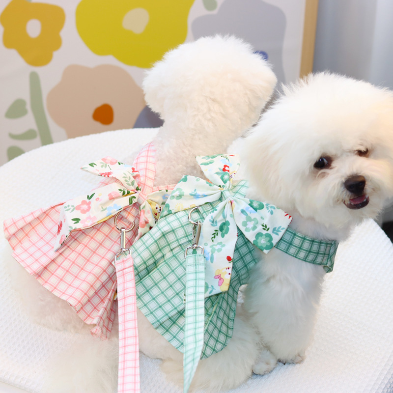 Coolgle Pet Dog Clothes Supplier Pink Green Harness Clothes Matching Dog Leash Cotton Pet Clothes Spring Summer Dog Dress