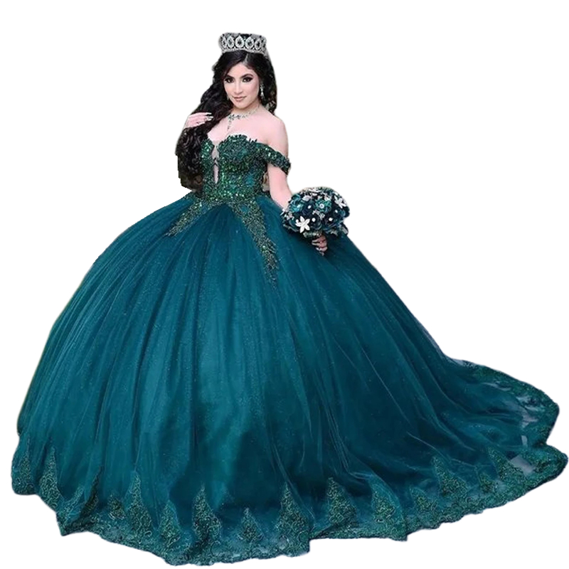 Dark Green Beaded Princess Quinceanera Dresses Off The Shoulder Long Tulle Prom Special Occasion Gowns Lace Appliques Ball Gown Sweet 15 16 Dress