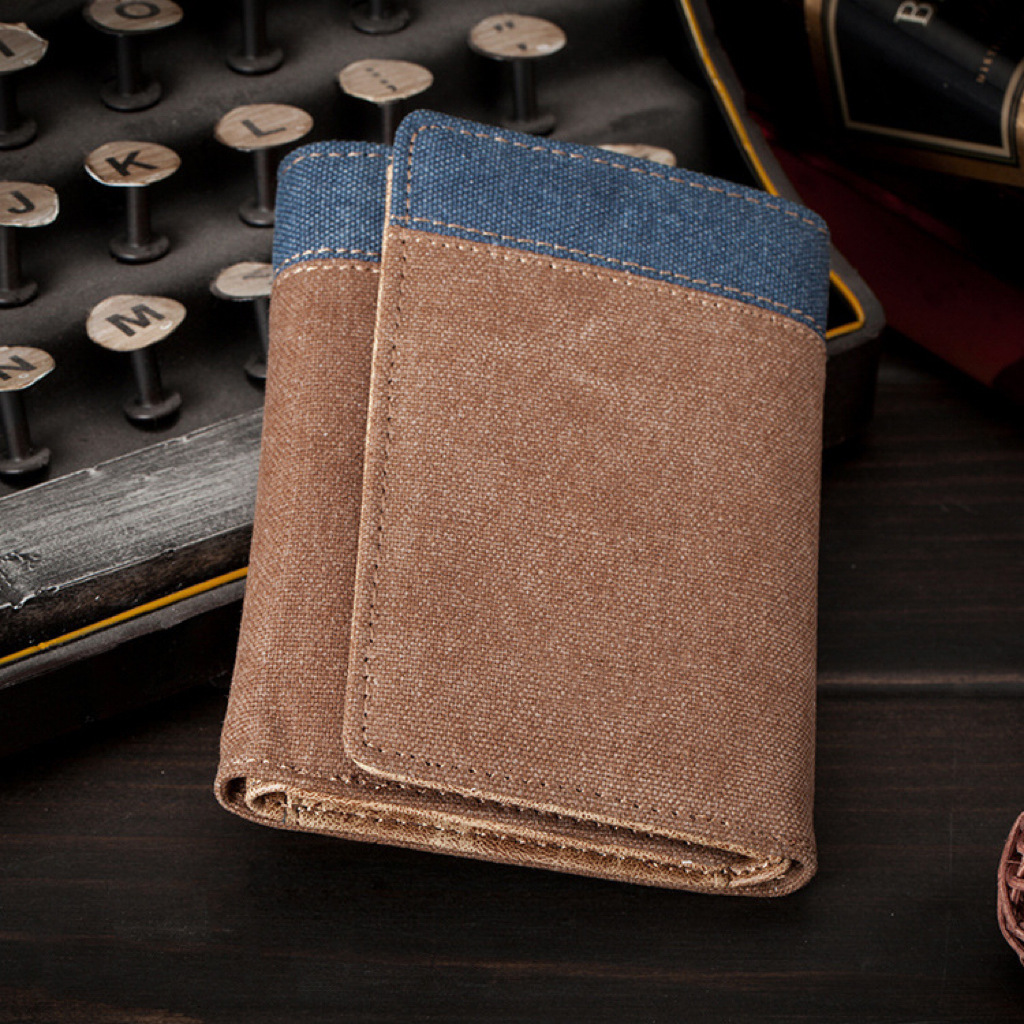 Men's Short Tri Fold Canvas Student Small Money Card Bag Cowboy Wallet Male Present