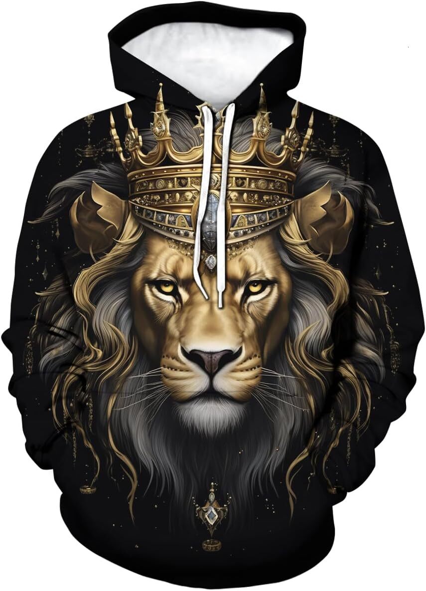 Hoodie for Mens cool Lion Hoodie Animal 3D Pattern Sweatshirt Hooded Pullover with Pocket Graphic Pullover Long Sleeve Hip-hop