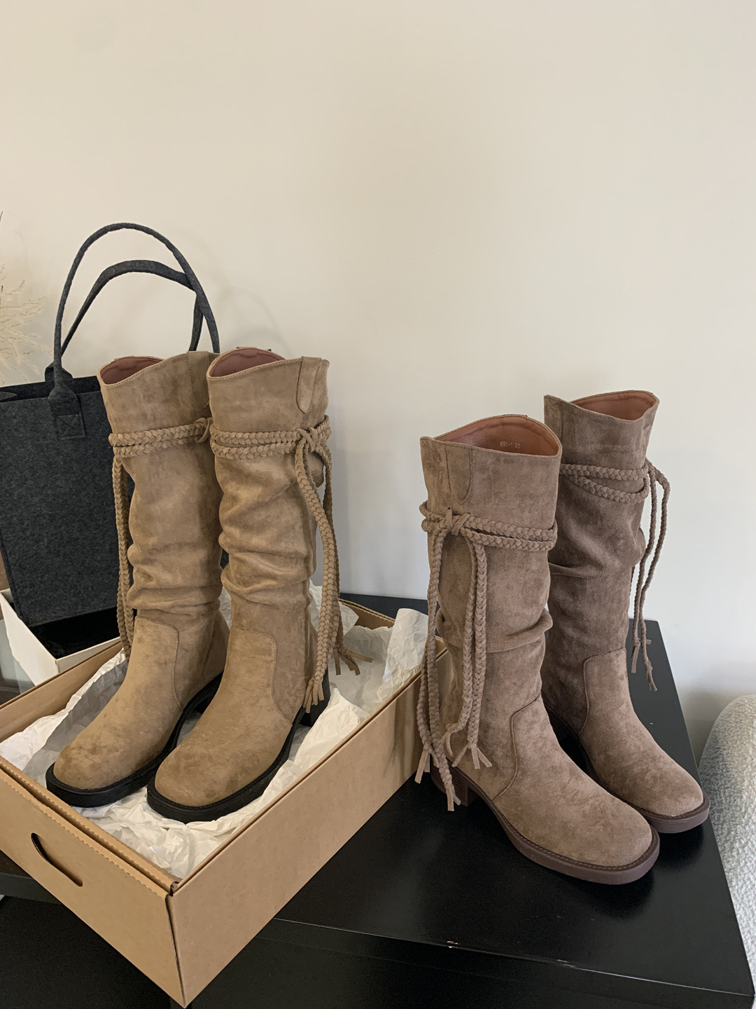 Solid Color Hemp Rope Cross Strap Pointed Thick Heeled Long Autumn Winter New Punk Rock New Style Women Knee High Boots 35-39