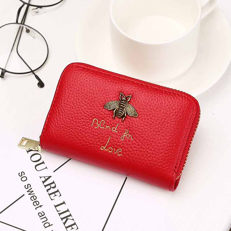 New top layer cowhide, honey bee, genuine leather organ card bag, coin purse, multi slot small wallet